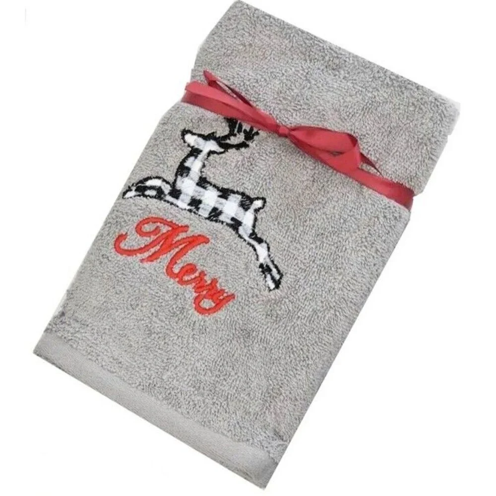 Avanti Christmas Reindeer Embroidered Hand Towels Buffalo Check Bath Set of 2